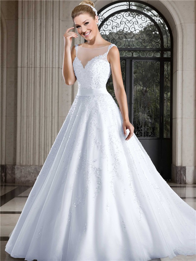 Ball Gown Bateau Illusion Neckline Low Back Tulle Pearl ...