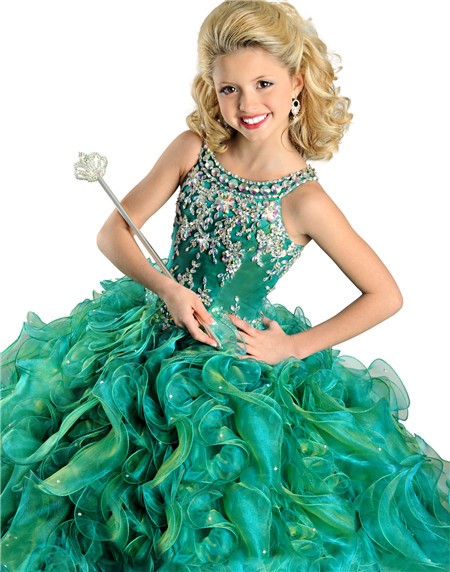 Ball Gown Emerald Green Organza Ruffle Beaded Little Girls Party Prom ...