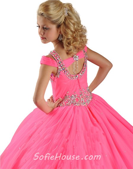 Ball Gown Hot Pink Tulle Crystals Beaded Little Girls Party Prom Dress