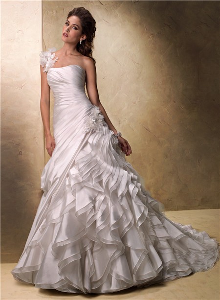 Ball Gown One Shoulder Layered Organza Ruffle Wedding Dress With ...