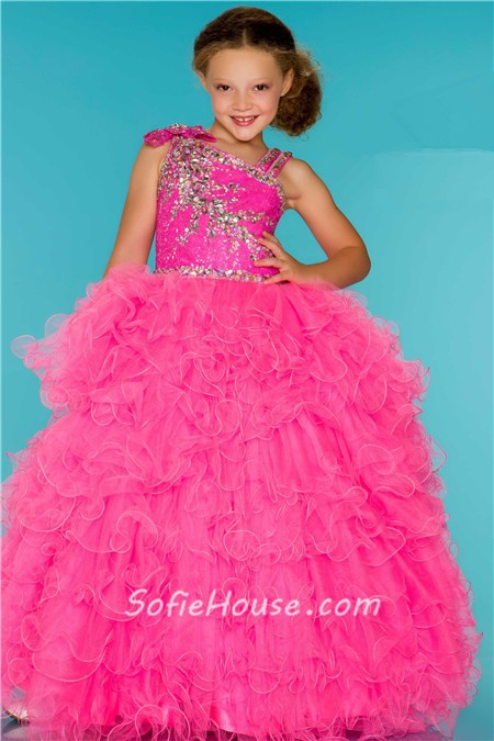 Ball Gown Blue Sequin Beaded Puffy Tulle Little Girl Pageant Party Dress