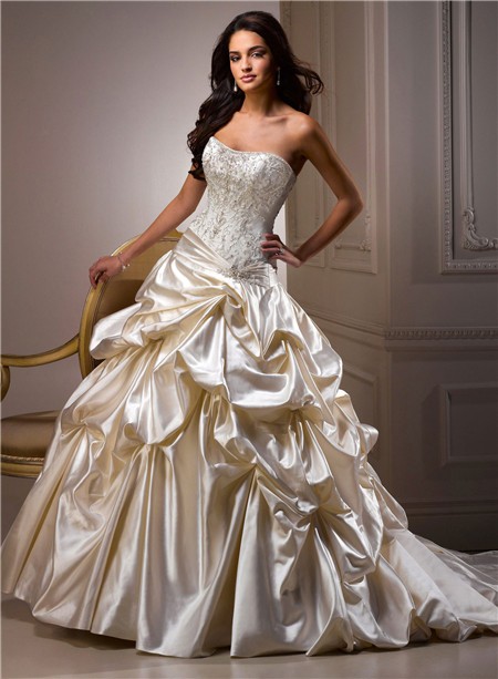Ball Gown Sweetheart Champagne Colored Satin Embroidery Beaded Wedding ...