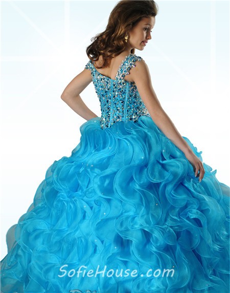 Ball Gown Turquoise Blue Organza Ruffle Beaded Little Girl Prom Dress ...