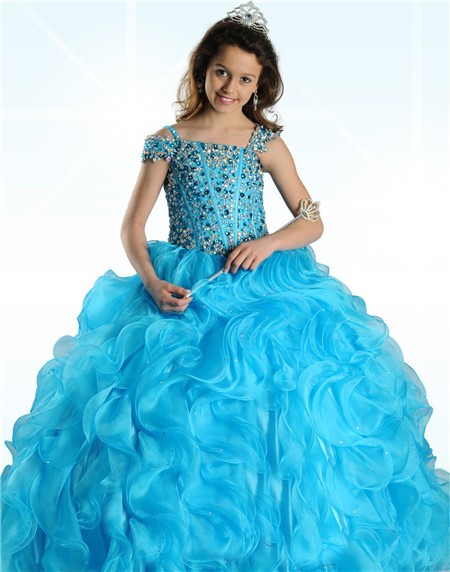 Ball Gown Turquoise Blue Organza Ruffle Beaded Little Girl Prom Dress ...