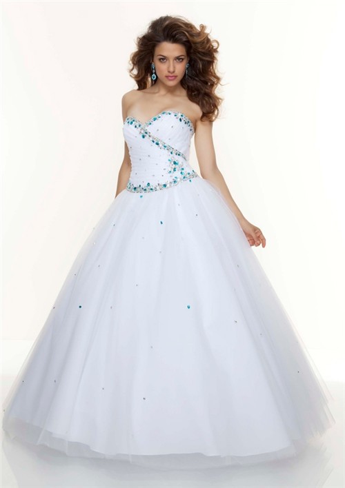Ball Gown sweetheart floor length white beaded tulle prom dress with ...