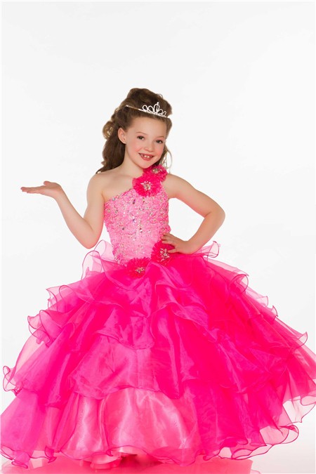Ball One Shoulder Hot Pink Organza Ruffle Beaded Little Girl Prom Dress ...