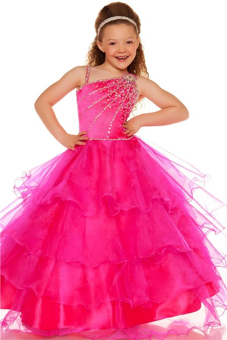 Ball One Shoulder Pink Tiered Organza Ruffle Flower Girl Pageant Dance ...