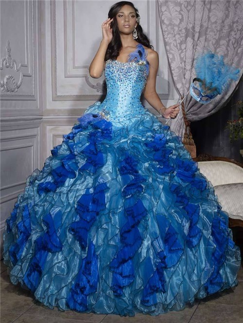 Beautiful Ball Gown Blue Organza Quinceanera Dress With Beading ...