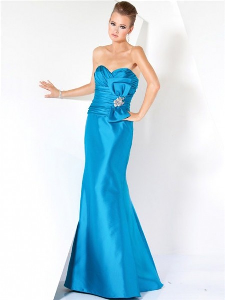 Elegant Mermaid Strapless Long Blue Satin Ruched Evening Prom Dress ...