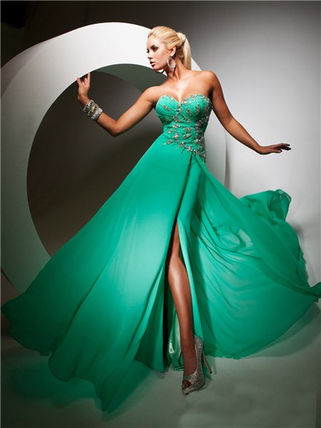 Elegant Sweetheart Long Emerald Green Chiffon Evening Prom Dress With