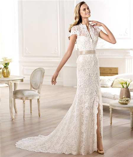 Fashion A Line High Neck Cap Sleeve Lace Wedding Dress With Slit Sash Bow