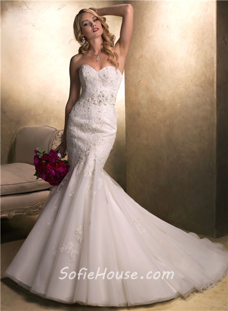 Fit And Flare Mermaid Sweetheart Beaded Lace Organza Wedding Dress With ...