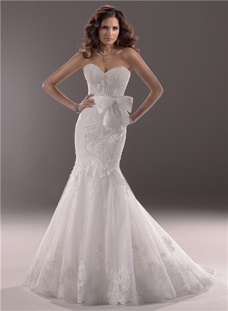 Fit And Flare Mermaid Sweetheart Lace Wedding Dress With Bow Belt