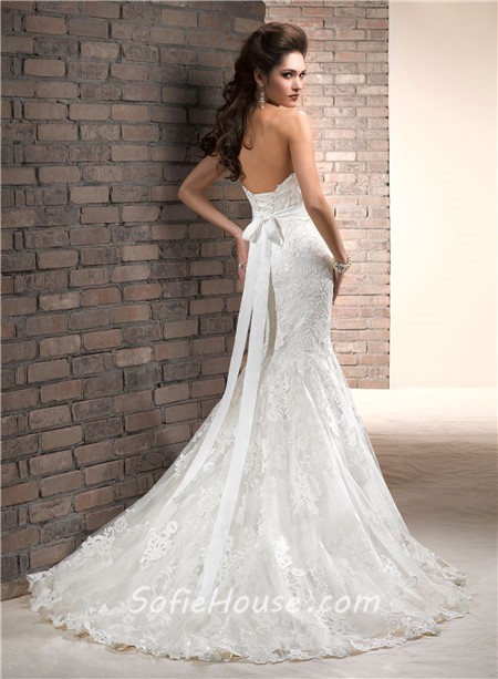 Fit And Flare Mermaid Sweetheart Lace Wedding Dress With Ribbon Sash