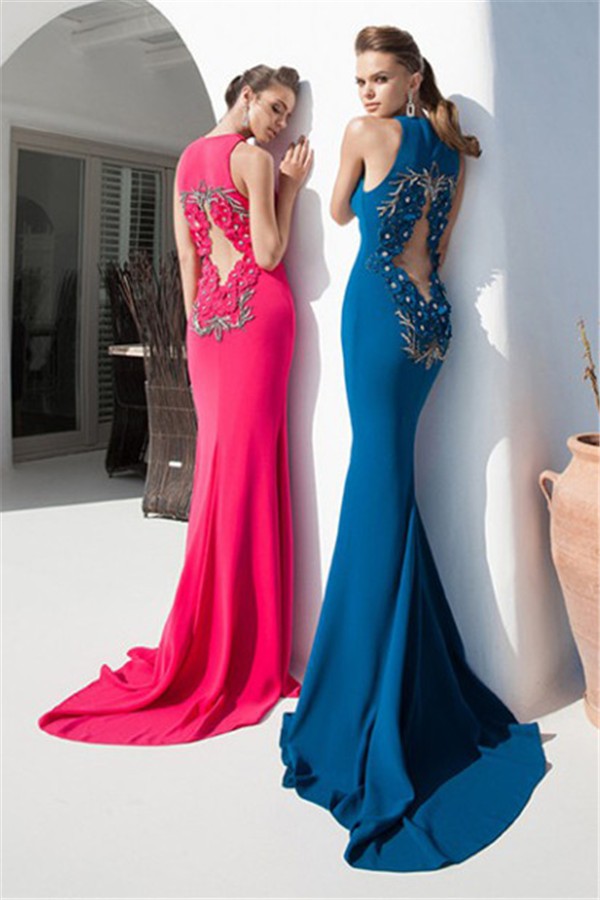 Fitted High Slit Long Teal Chiffon Prom Dress With Flowers Open Back