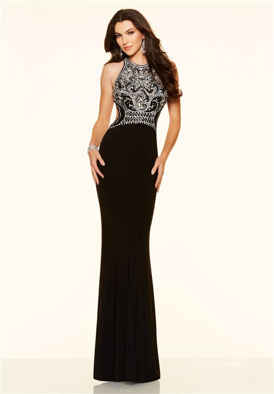 Fitted Mermaid Backless Long Black Jersey Beaded Prom Dress 2903