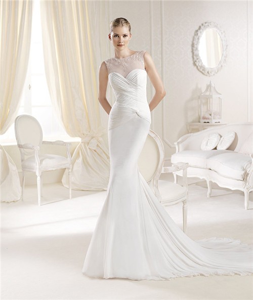 Fitted Mermaid Illusion Neckline Chiffon Ruched Wedding Dress