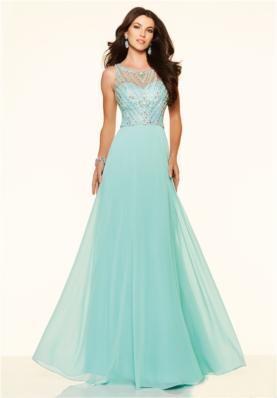 Flowing A Line Open Neck Long Mint Green Chiffon Beaded Prom Dress