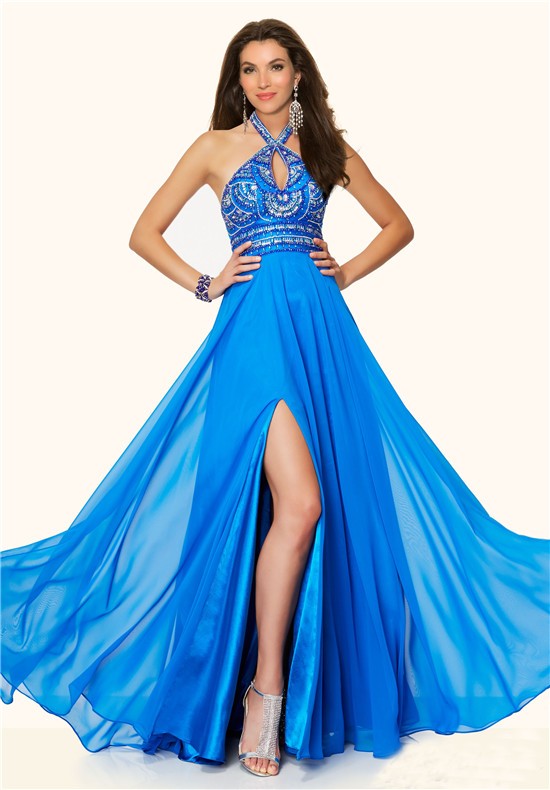 Flowing Halter Cut Out Long Blue Chiffon Beaded Prom Dress With Slit