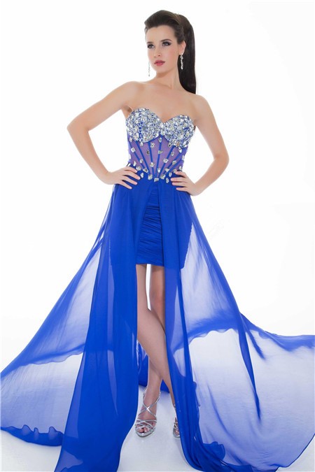 Flowing Strapless Long Royal Blue Chiffon Beaded Sheer Corset Party ...