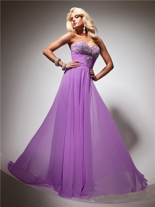 Flowy Sweetheart Long Purple Lilac Chiffon Beaded Evening Prom Dress ...