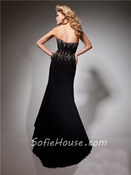 Formal Sweetheart Long Black Chiffon Beaded Corset Evening Prom Dress ...