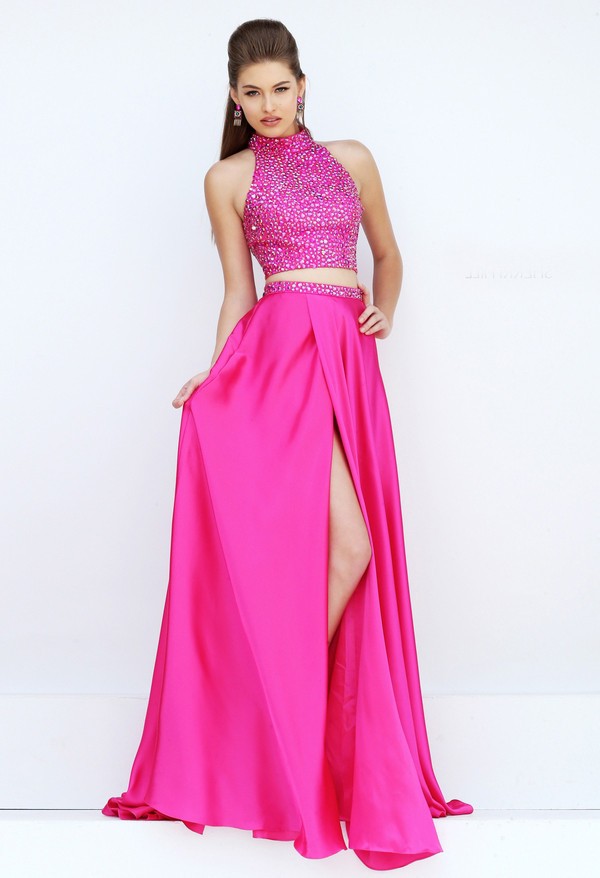 Halter High Slit Two Piece Long Hot Pink Satin Beaded Prom Dress