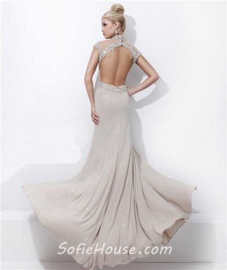 High Neck Cap Sleeve Backless Long Beige Chiffon Tulle Beaded Prom ...