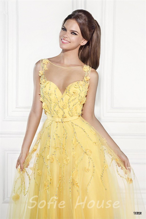 Illusion Neckline Sleeveless Long Yellow Tulle Beaded Prom ...