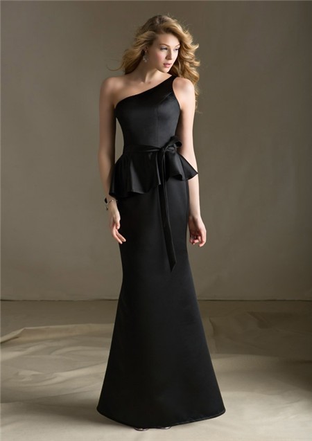 Mermaid One Shoulder Long Black Satin Peplum Bridesmaid Dress With Sash