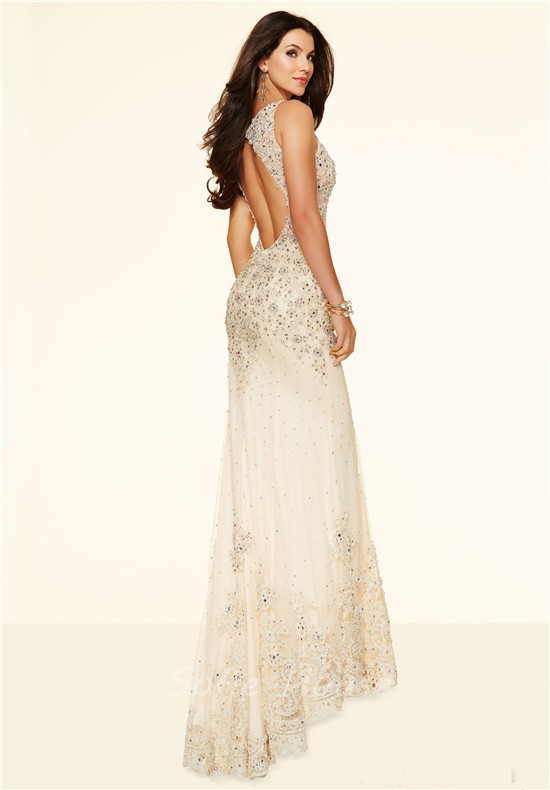 Mermaid Sleeveless Open Back See Through Champagne Lace Beaded Prom Dress