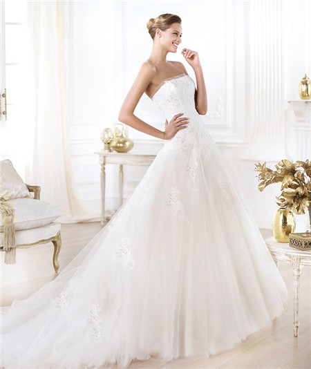 Modern Princess A Line Strapless Beaded Sequin Lace Tulle Wedding Dress