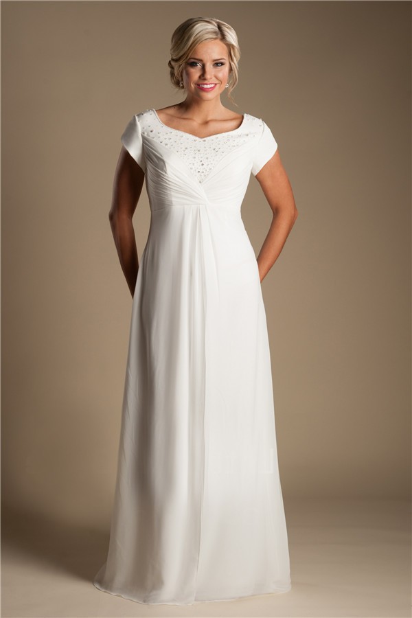 Modest Empire Waist Chiffon Beaded Destination Beach Wedding Dress With Sleeves