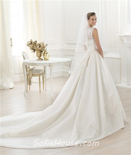 Modest Princess Ball Gown Bateau Neckline Lace Satin Wedding Dress With ...