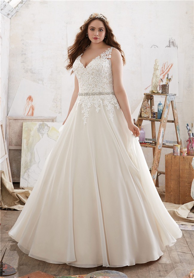 Princess A Line V Neck Organza Lace Crystals Beaded Plus Size Wedding Dress