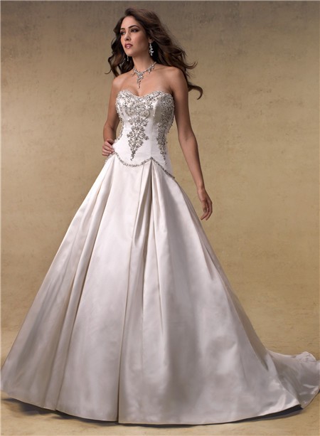 Princess Ball Gown Strapless Scoop Neck Satin Beaded Crystals Wedding Dress