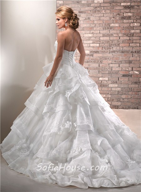 Princess Ball Gown Sweetheart Layered Organza Puffy Wedding Dress With ...