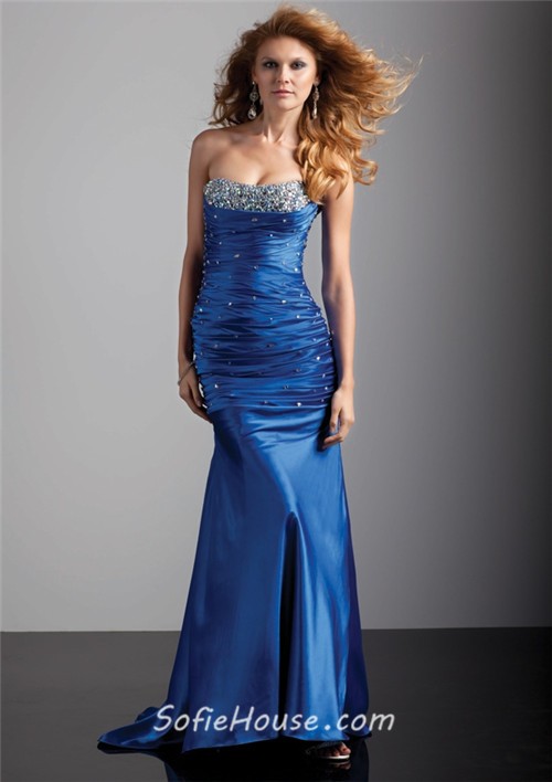 Royal sheath strapless long purple silk prom dress with beading and corset