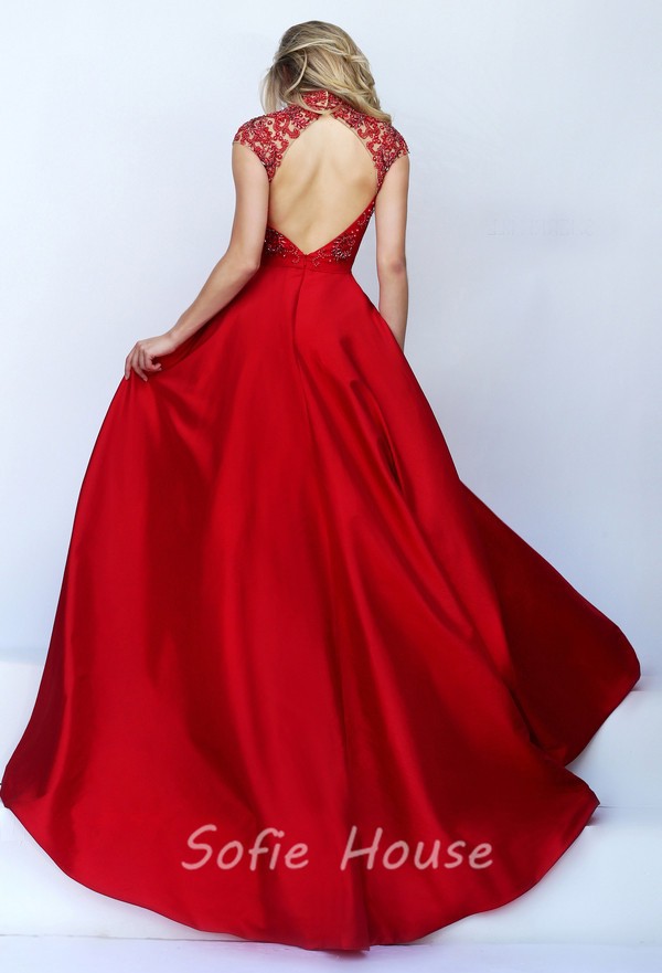 Sexy Front Cut Out Open Back Red Satin Beaded Prom Dress Cap Sleeves