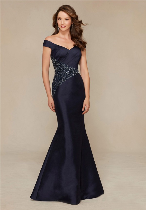 Sexy Mermaid Off The Shoulder Navy Blue Satin Beaded Special Occasion ...