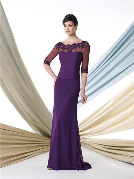 Sheath Bateau Neckline Sheer Sleeve Purple Chiffon Mother Of The Bride ...