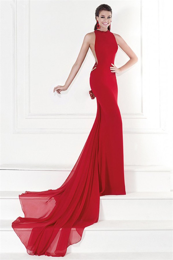 Sheath High Neck Red Chiffon Lace Formal Occasion Evening Dress With ...