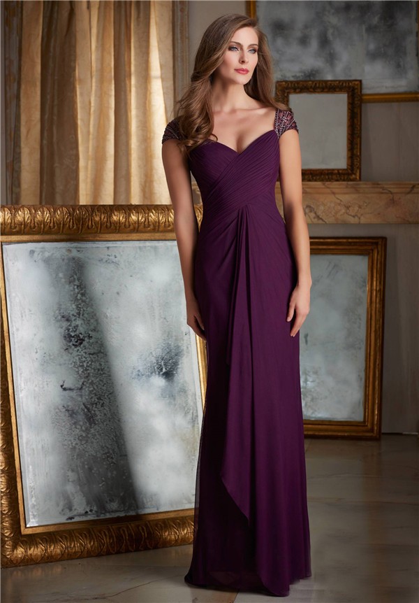 Sheath Sweetheart Cap Sleeve Long Purple Chiffon Draped Women Evening Dress
