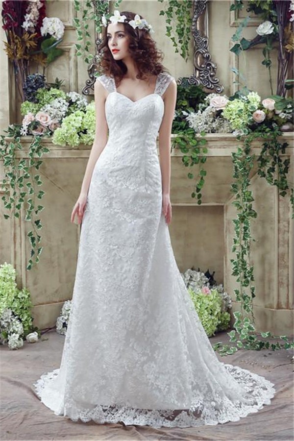 Sheath Sweetheart Corset Back Lace Wedding Dress With Straps