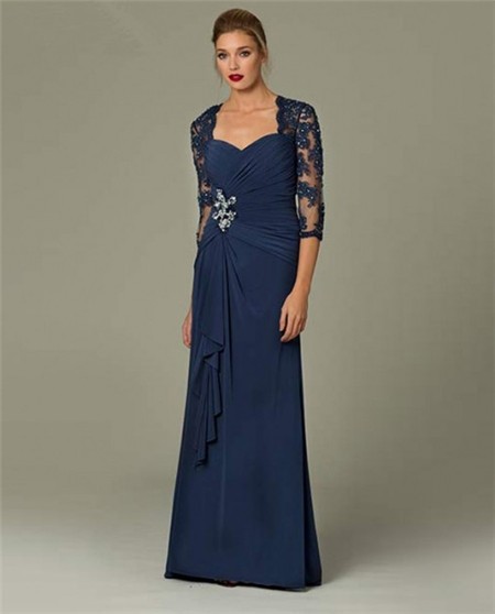 Sheath Sweetheart Long Navy Blue Chiffon Lace Sleeve Occasion Evening Dress