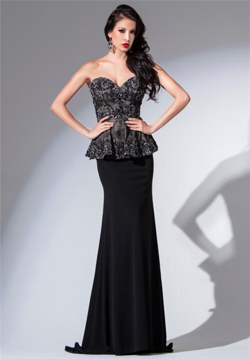 Sheath Sweetheart Neckline Black Jersey Lace Peplum Beaded Formal Occasion Evening Prom Dress 6034