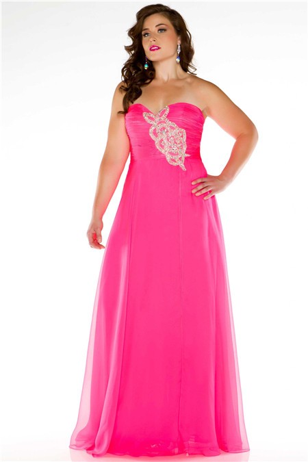 Simple A Line Strapless Long Neon Pink Chiffon Beading Plus Size Party ...