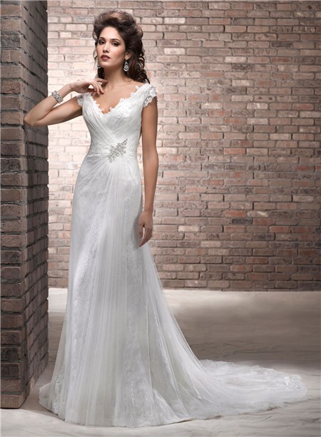 Slim A Line Deep V Neck Cap Sleeve Lace Tulle Wedding Dress With Low ...