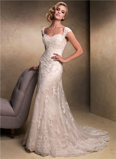 Slim A line Sweetheart Champagne Colored Lace Wedding Dress With ...
