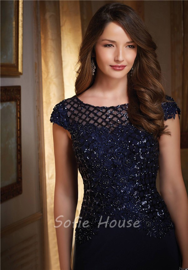 Stunning Boat Neck Cap Sleeve Navy Blue Chiffon Beaded Special Occasion ...